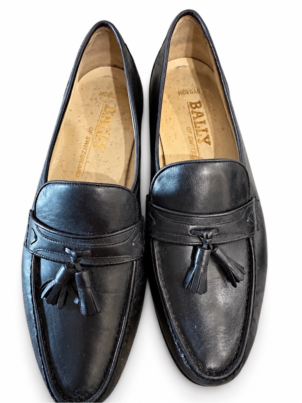 Bally Black Leather Tassel Penny Loafers
